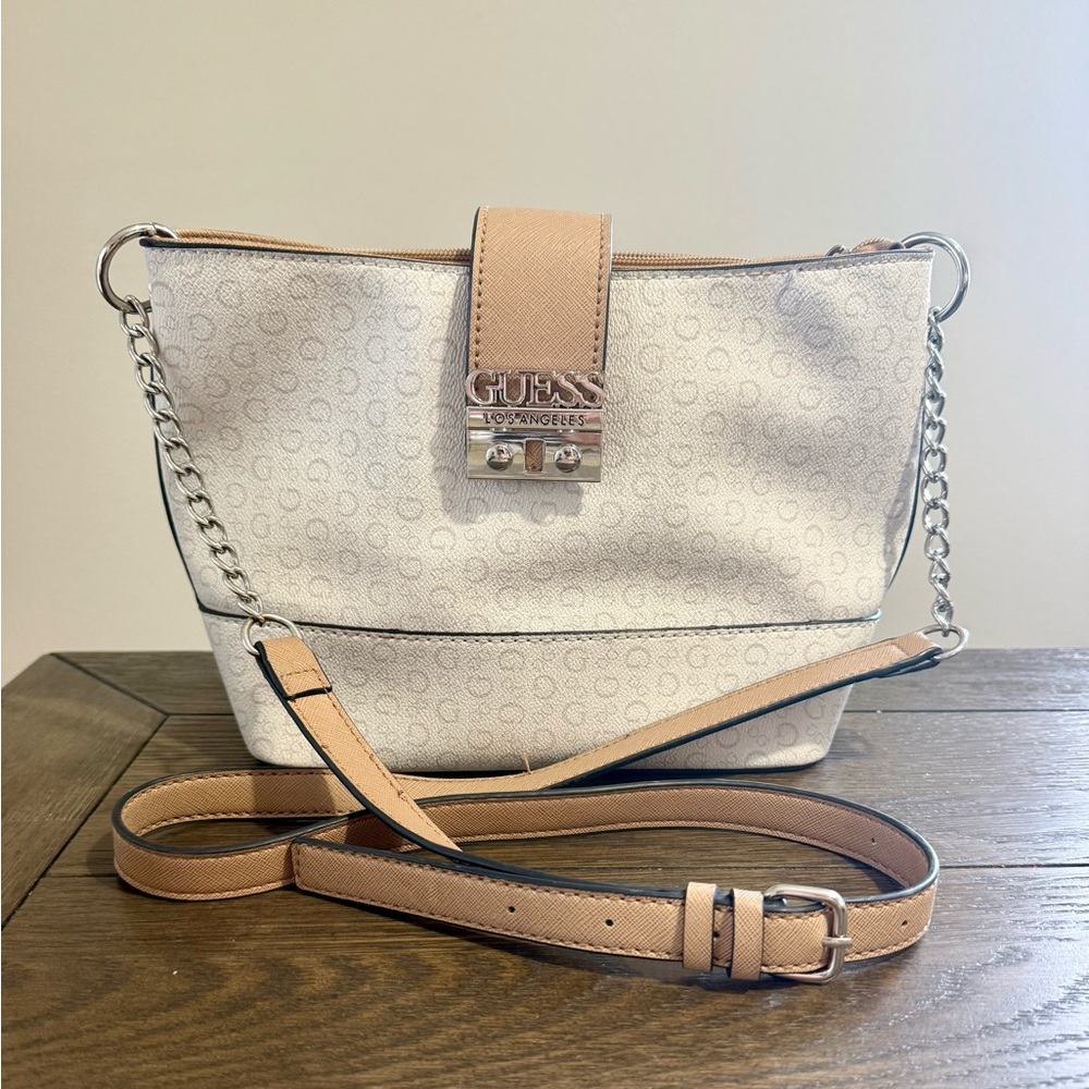 Guess White and Tan Women's Crossbody Bag/ Purse